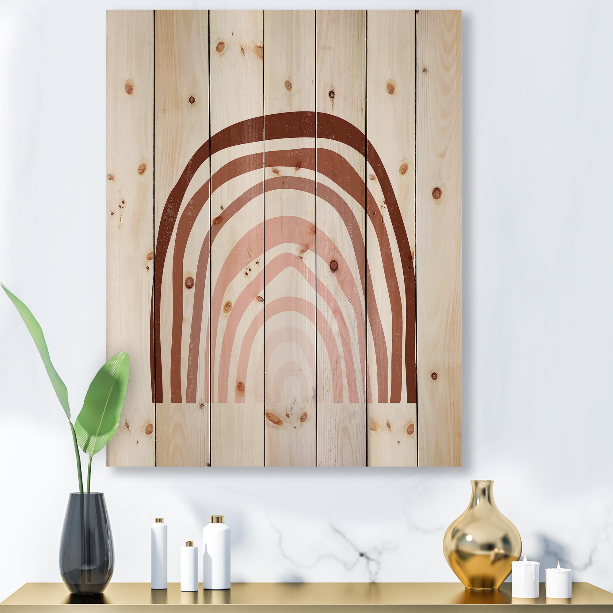 Designart 'Terracotta Minimalist Boho Art Rainbow I' Modern Print on Natural Pine Wood