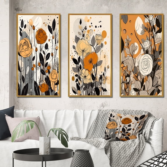 Designart "Terracotta Retro Wildflowers Illustration VI" Abstract Botanicals Framed Wall Art Set Of 3 - Brown Modern Frame Gallery Wall Set For Home Decor