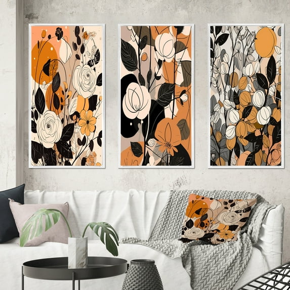 Designart "Terracotta Roses in Retro Style II" Abstract Botanicals Framed Wall Art Set Of 3 - Brown Modern Frame Gallery Set For Office Decor