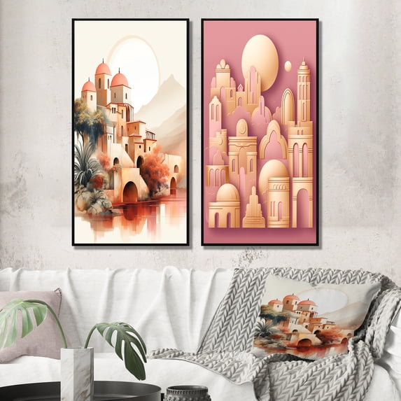 Designart "Terracotta Watercolor Full Moon Ancient Cityscape" Abstract Framed Wall Art Set Of 2 - Modern Pink Framed Wall Art Set Of 2