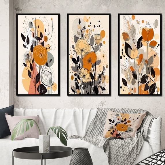 Designart "Terracotta Wildflowers in Retro Illustration XI" Abstract Botanicals Framed Wall Art Set Of 3 - Brown Modern Frame Gallery Set For Office Decor