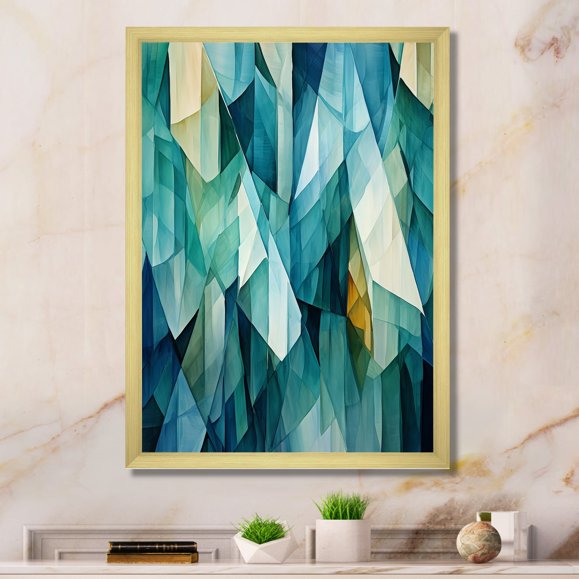 Designart "Tessellations In Teal" Abstract Shapes Picture Framed Canvas