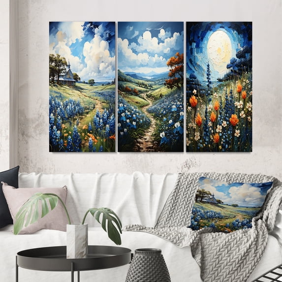Designart "Texan Blues Amidst the Blue Bonnets III" Floral & Botanical Wall Art Set Of 3 - Blue Blue Bonnets Gallery Wall Set For Home Decor