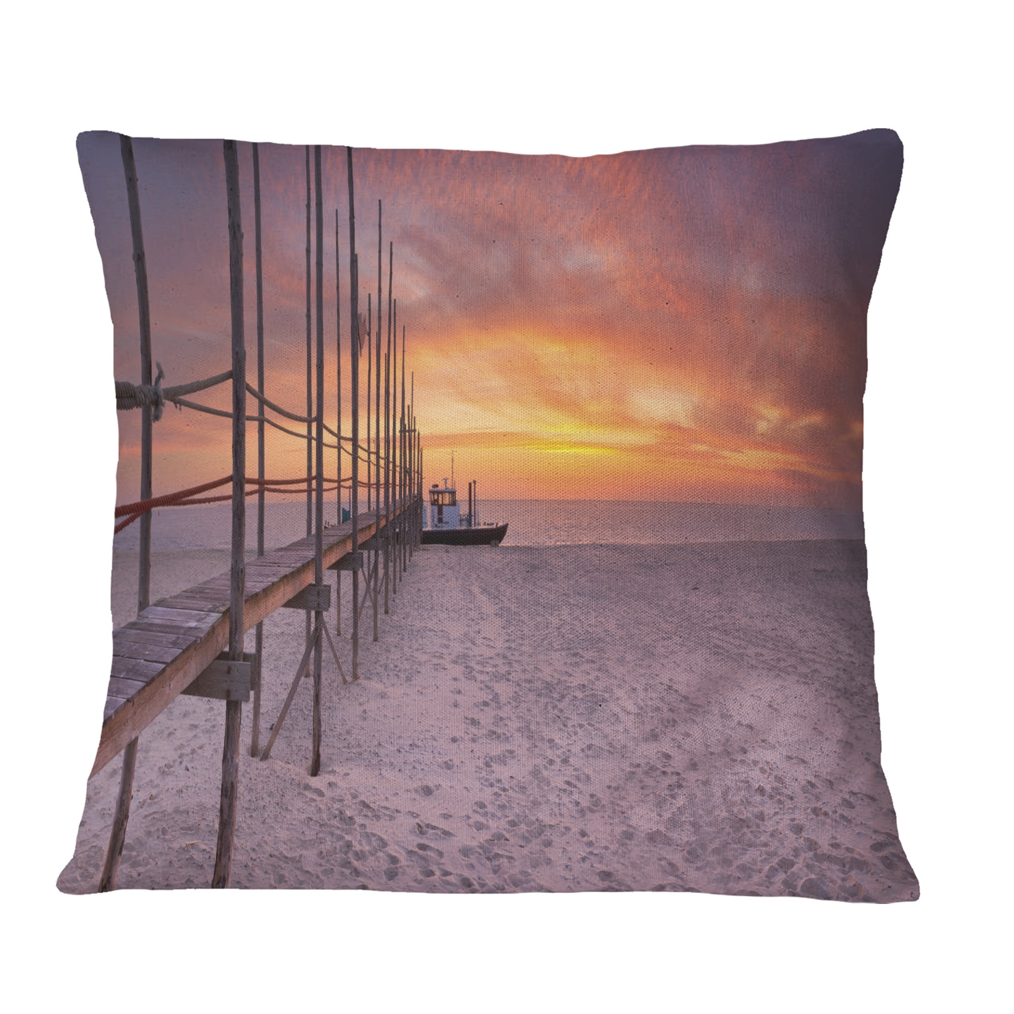 Designart Texel Island Seaside Jetty Panorama - Modern Seashore Throw Pillow - 16x16