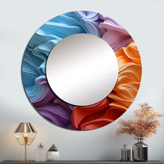 Designart "Textile Spectrum Echo" Abstract Shapes Round Mirror Wall Decor Modern - Large Orange Round Bathroom Mirror - Round Mirror - 29" x 29"