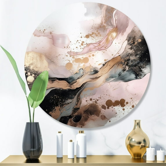Designart "Texture Splash Pink and Gold Marble IV" Abstract Marble Round Metal Art