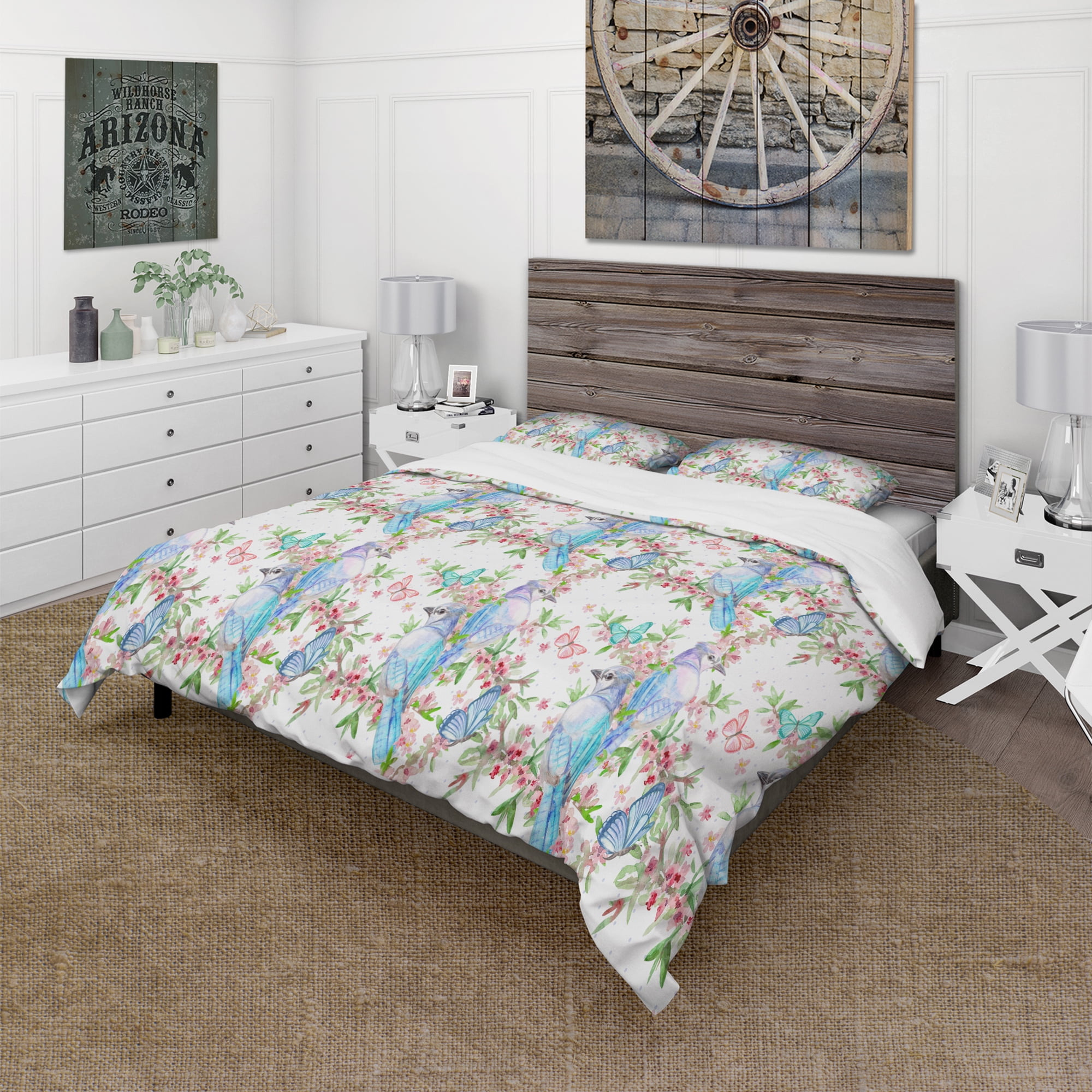 Designart 'Texture with Couples of Birds & Butterflies' Country Duvet Cover Set