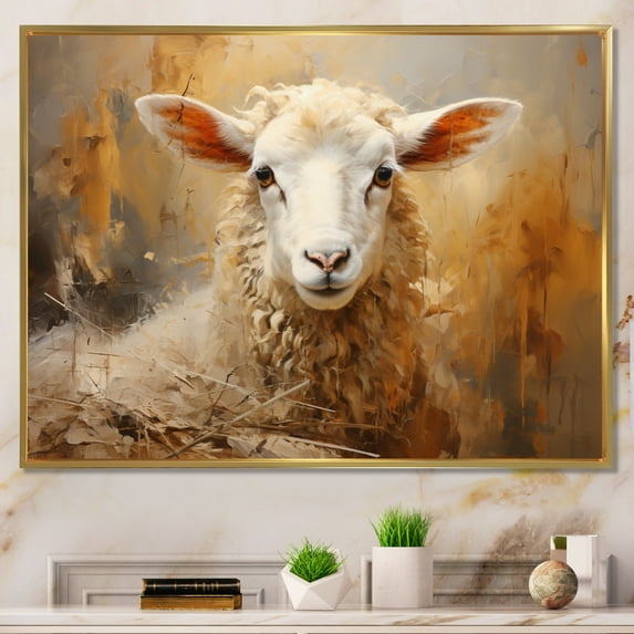 Designart "Textured Beige Sheep II" Animals Floater Framed Wall Decor