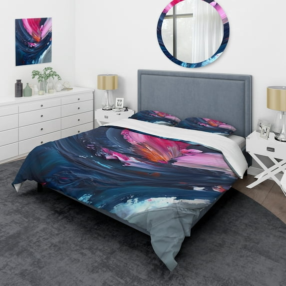 Designart "Textured Blue and Pink Composition" Abstract Bedding Covert Set - Modern Blue Bed Set With 2 Shams