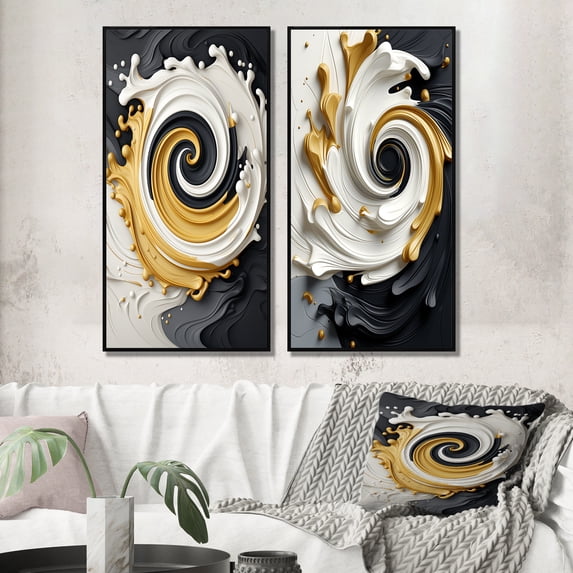 Designart "Textured Gold Spiral Liquid Magic" Abstract Spirals Framed Wall Art Set Of 2 - Transitional Gold Gallery Wall Frame Set For Home Decor