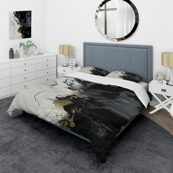 Designart "Textured Splash Black Paint Art I" Abstract Painting Bedding Covert Set - Modern Black Abstract Bed Set With 1 Sham