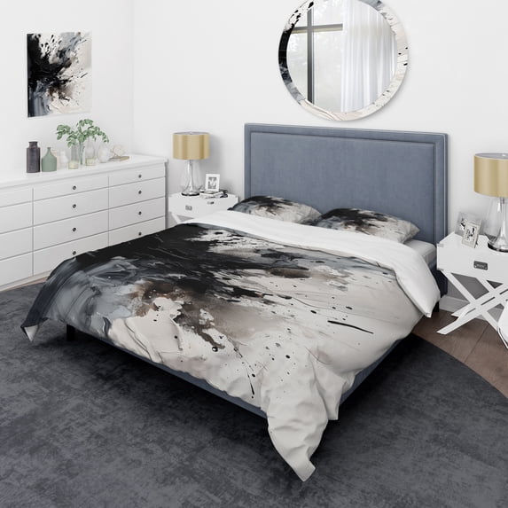 Designart "Textured Splash Black Paint Art IV" Abstract Painting Bedding Covert Set - Modern Black Abstract Bed Set With 2 Shams