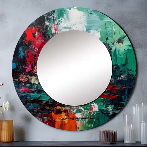 Designart "Textures of the Mind in Red and Green I" Abstract Round Mirror Wall Décor Contemporary - Large Red Round Mirror - Round Mirror 36" x 36" Inch