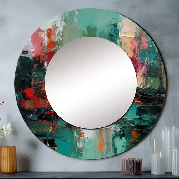 Designart "Textures of the Mind in Red and Green II" Abstract Red Large Round Mirror - Round Mirror Wall Décor - Contemporary Round Printed Mirror 29" x 29" Inch