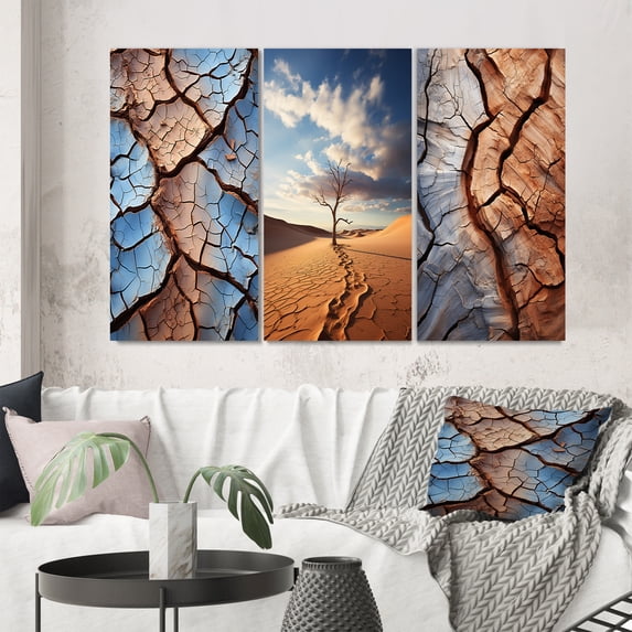Designart "Textures of the Sand Desert Elegance II" Landscape & Nature Wall Art Set Of 3 - Grey Desert Canvas Set For Living Room Decor