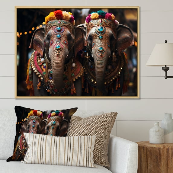 Designart "Thai Elephants Asian Painting I" Asian Floater Framed Wall Art Living Room