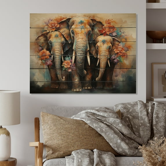 Designart "Thai Elephants Asian Painting V" Asian Art Print on Natural Pine Wood