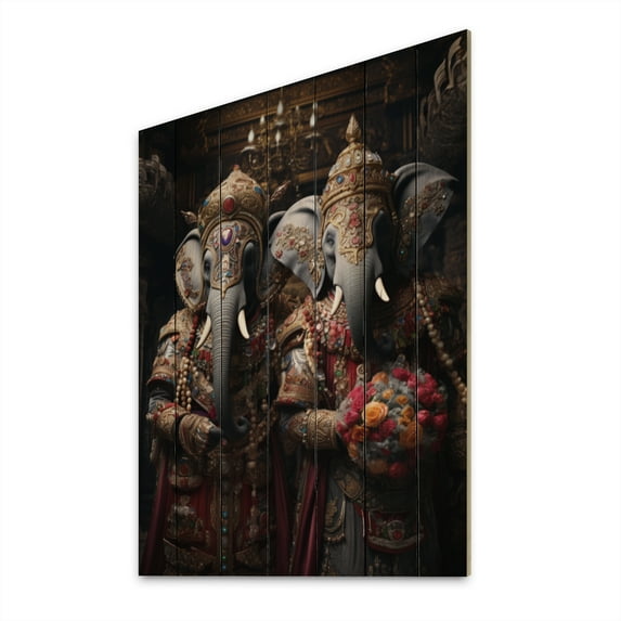 Designart "Thai Elephants Asian Painting VIII" Asian Print on Natural Pine Wood