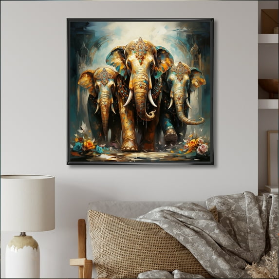 Designart "Thai Elephants Asian Painting X" Asian Floater Framed Wall Art Living Room