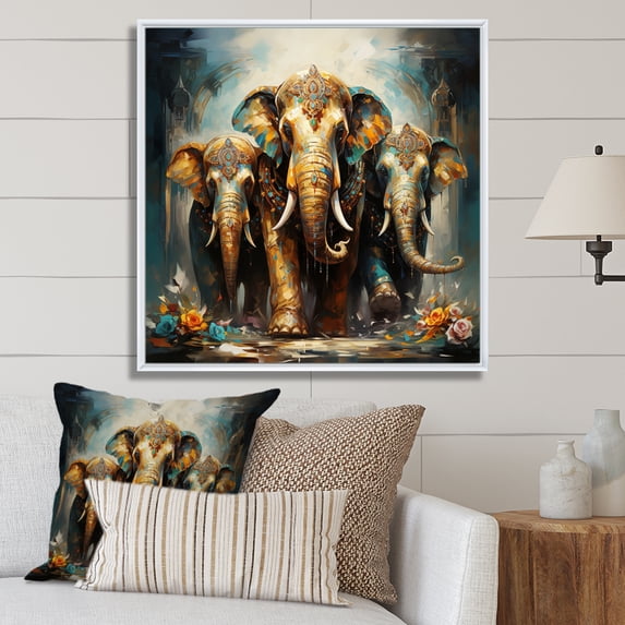 Designart "Thai Elephants Asian Painting X" Asian Floater Framed Wall Art Living Room