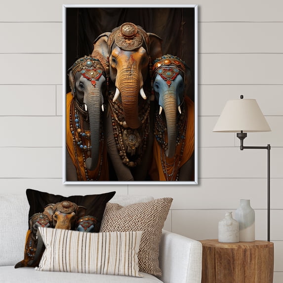 Designart "Thai Elephants Asian Painting XI" Asian Floater Framed Wall Art Living Room