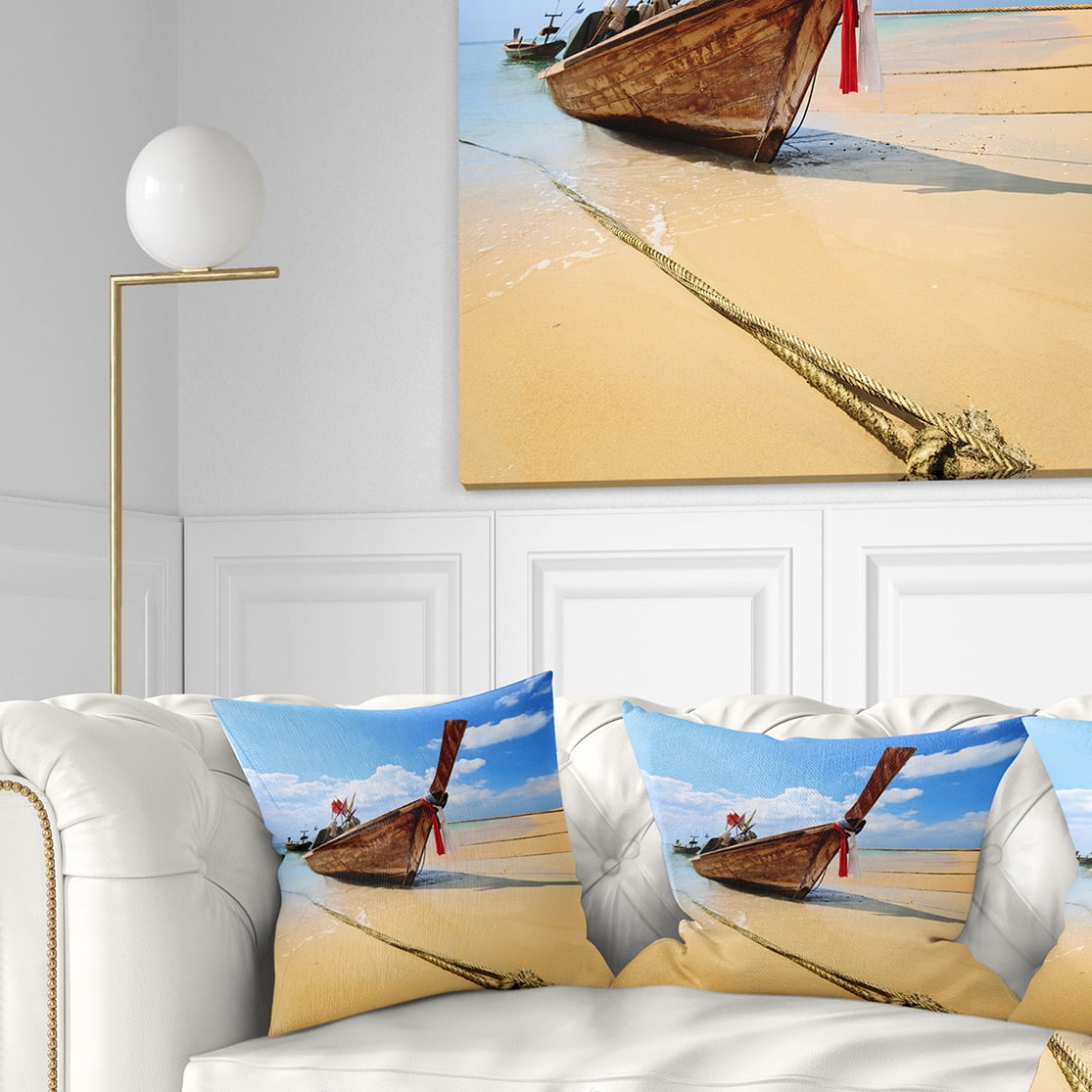 Designart Thai Long tail Boat - Beach and Shore Throw Pillow - 16x16