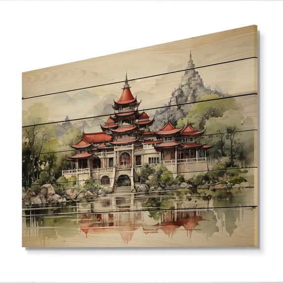Designart "Thailand Architectural euphony II" Cities & Countries Print on Natural Pine Wood