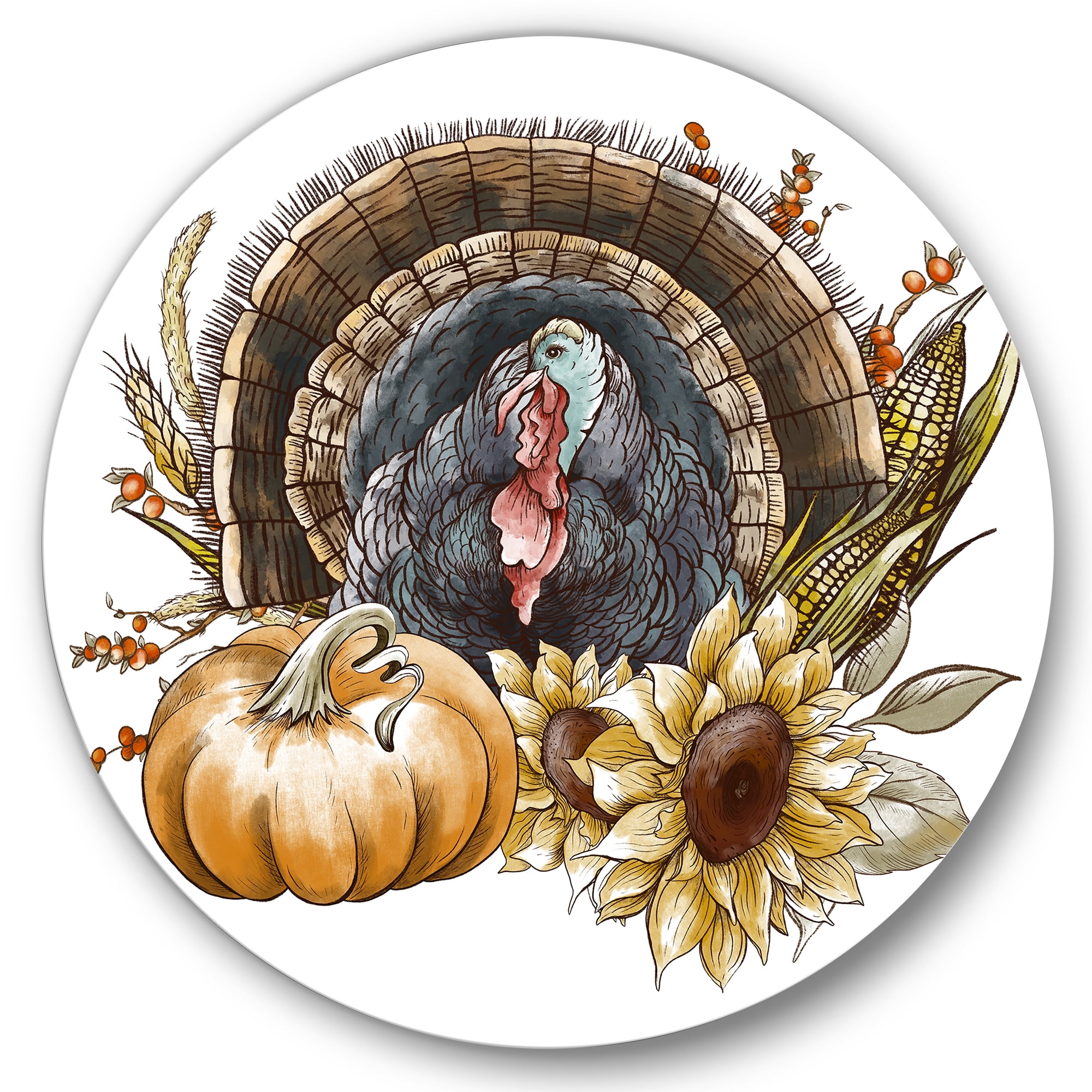 Designart 'Thanksgiving Vintage Turkey Pumpkin and Sunflowers ' Farmhouse Circle Metal Wall Art 36x36 - Disc of 36