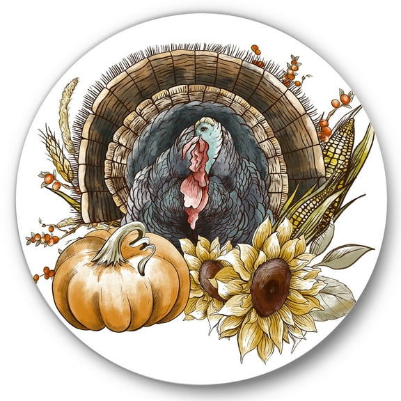 Designart 'Thanksgiving Vintage Turkey Pumpkin and Sunflowers ' Farmhouse Circle Metal Wall Art 36x36 - Disc of 36