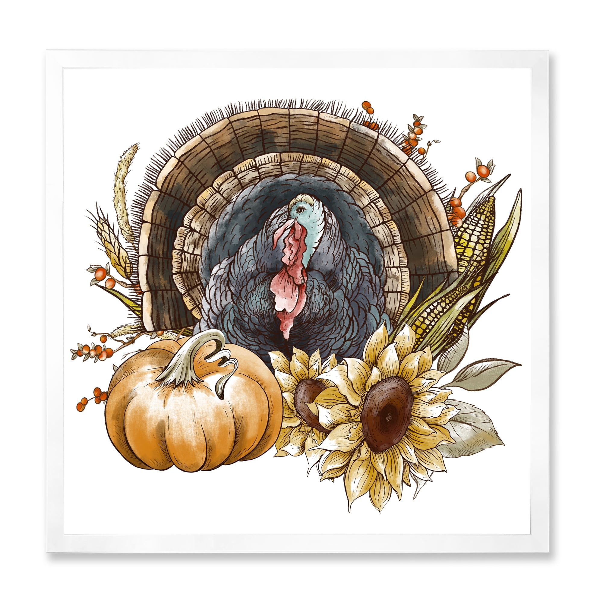 Designart 'Thanksgiving Vintage Turkey Pumpkin and Sunflowers ' Farmhouse Framed Art Print