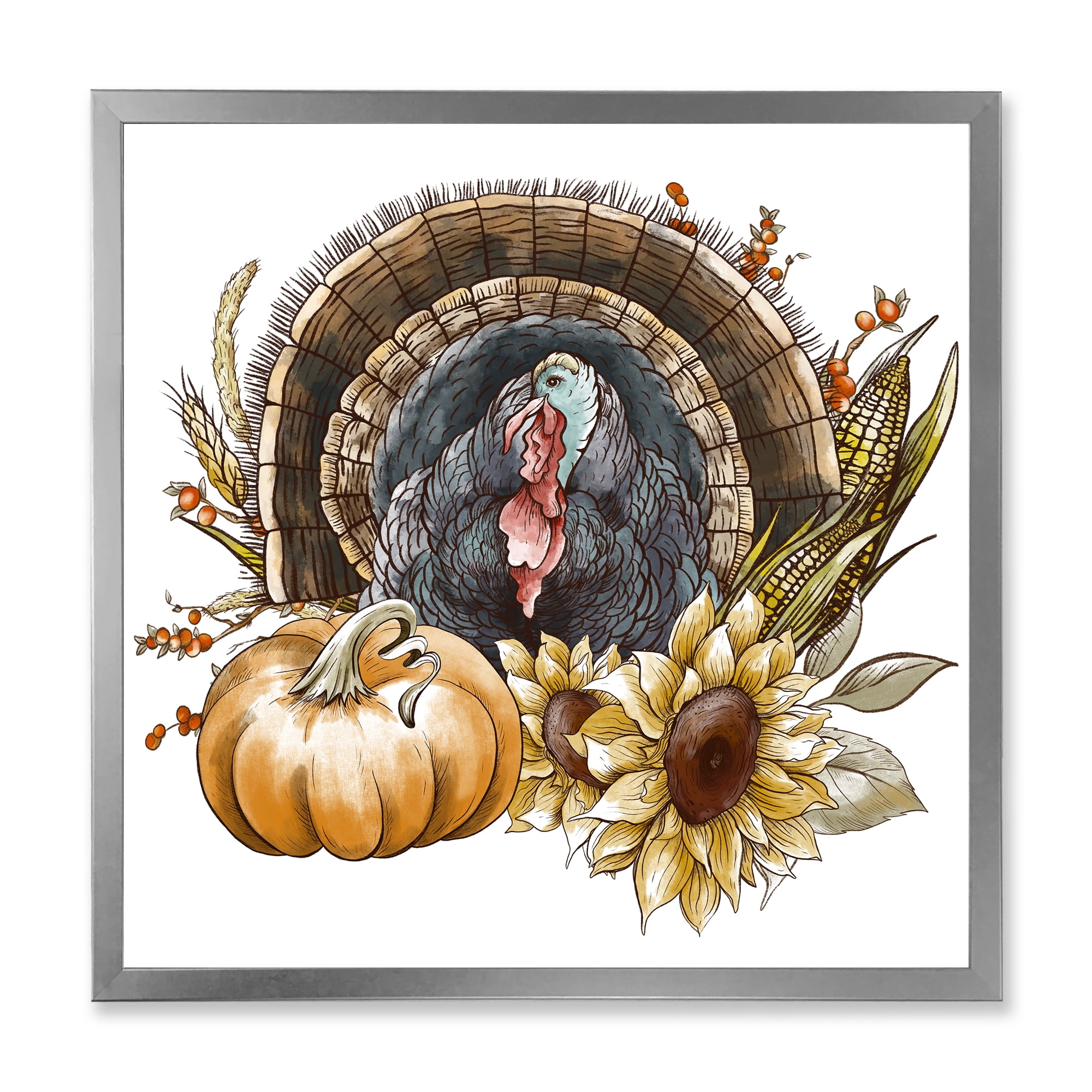 Designart 'Thanksgiving Vintage Turkey Pumpkin and Sunflowers ' Farmhouse Framed Art Print