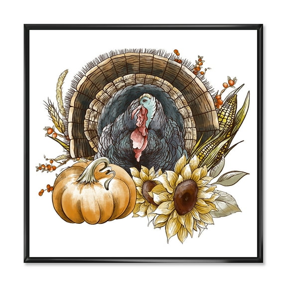Designart 'Thanksgiving Vintage Turkey Pumpkin and Sunflowers ' Farmhouse Framed Canvas Wall Art Print
