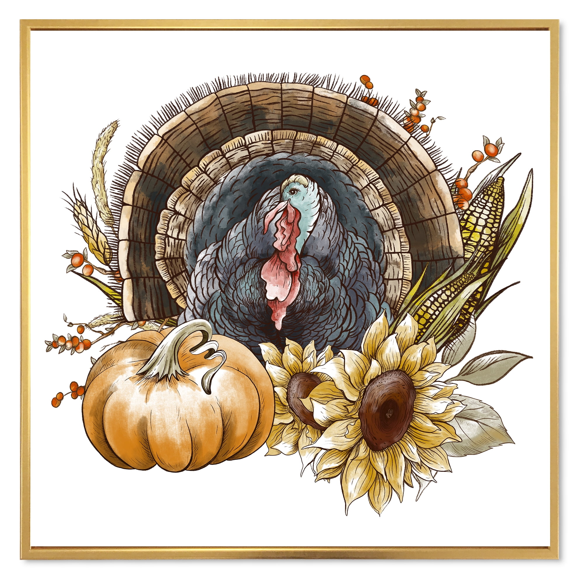 Designart 'Thanksgiving Vintage Turkey Pumpkin and Sunflowers ' Farmhouse Framed Canvas Wall Art Print