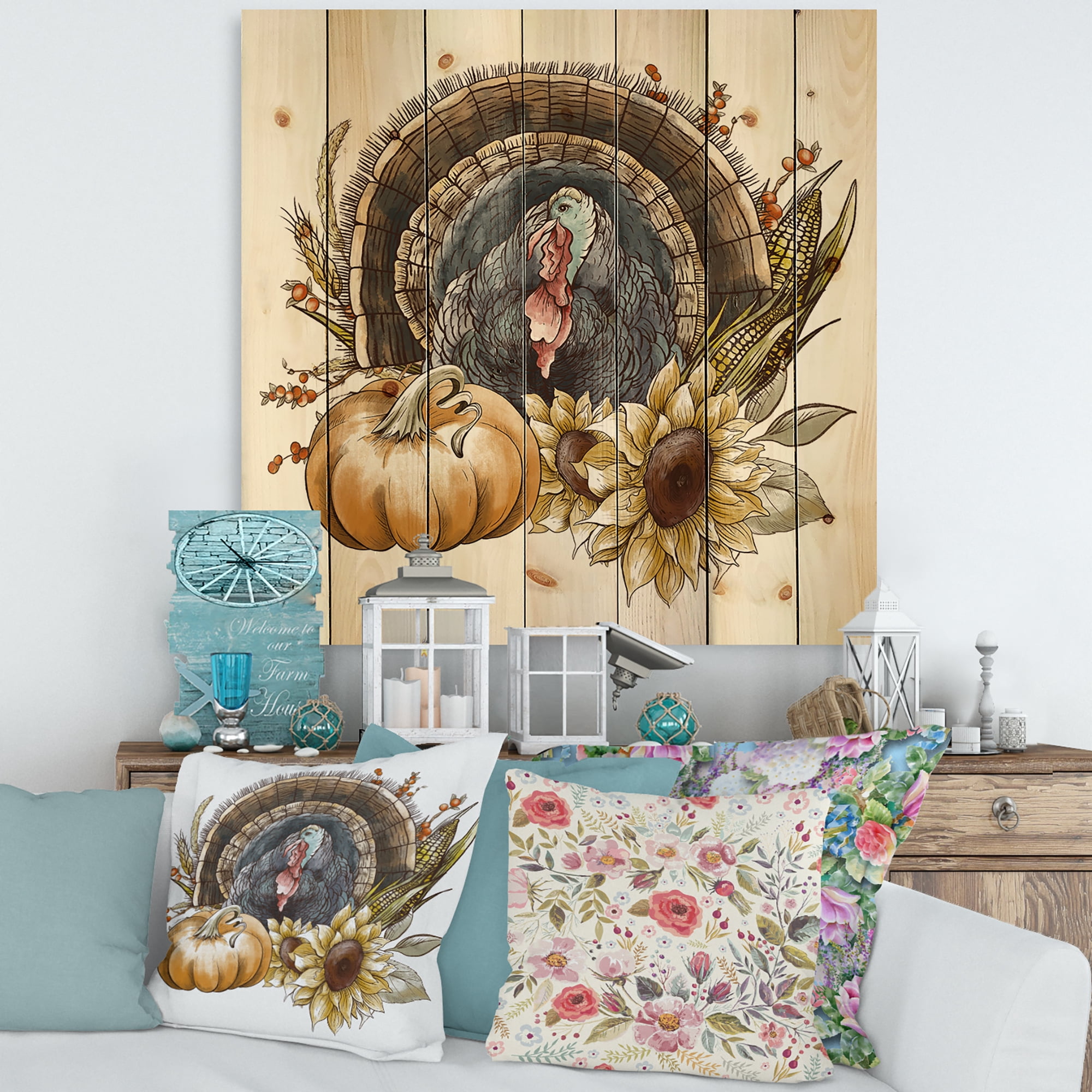 Designart 'Thanksgiving Vintage Turkey Pumpkin and Sunflowers ' Farmhouse Print on Natural Pine Wood