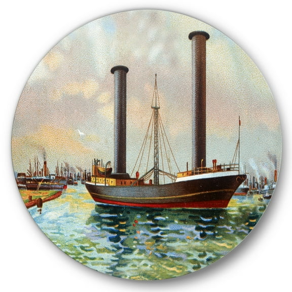 Designart 'The Ancient Boat Leaving The Harbor' Nautical & Coastal Circle Metal Wall Art 36x36 - Disc of 36