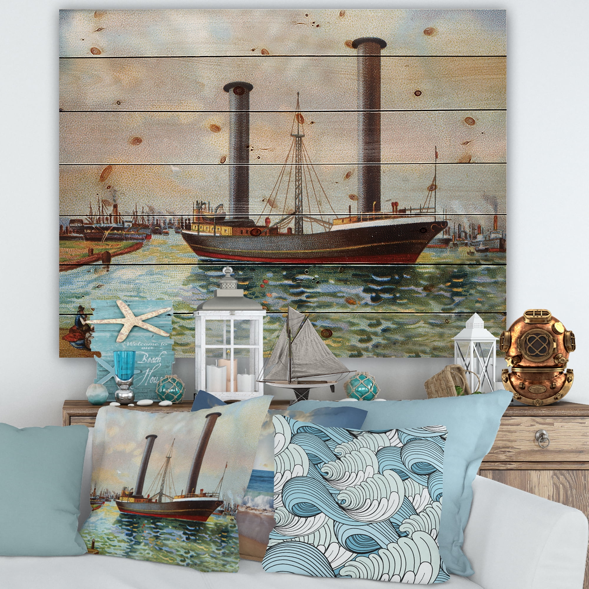 Designart 'The Ancient Boat Leaving The Harbor' Nautical & Coastal Print on Natural Pine Wood