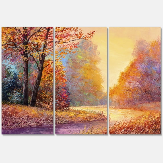 Designart ' The Autumn Forest Orange Leaves Landscape With Path ' Lake House Canvas Wall Art Print