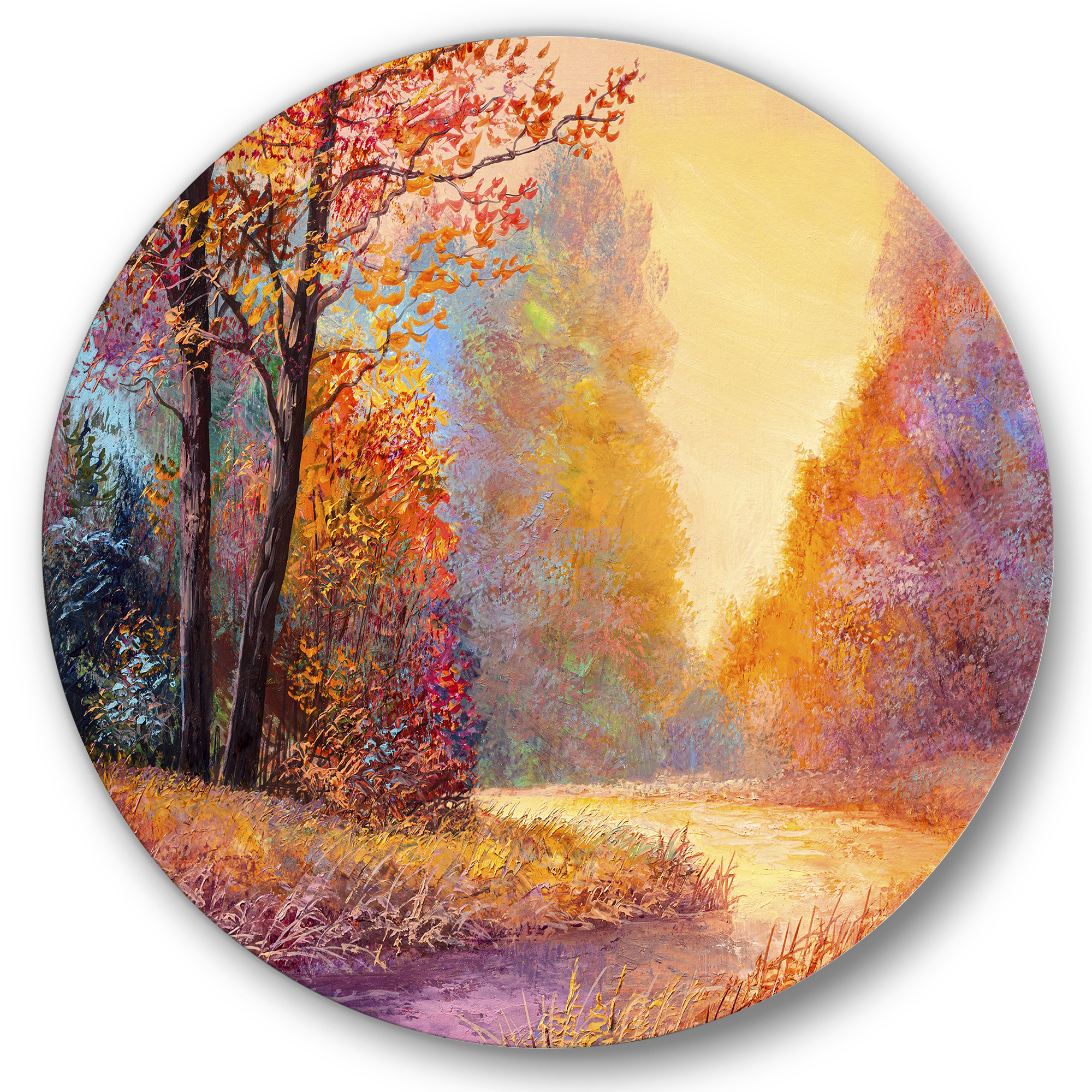 Designart 'The Autumn Forest Orange Leaves Landscape With Path' Lake House Circle Metal Wall Art 11x11 - Disc of 11