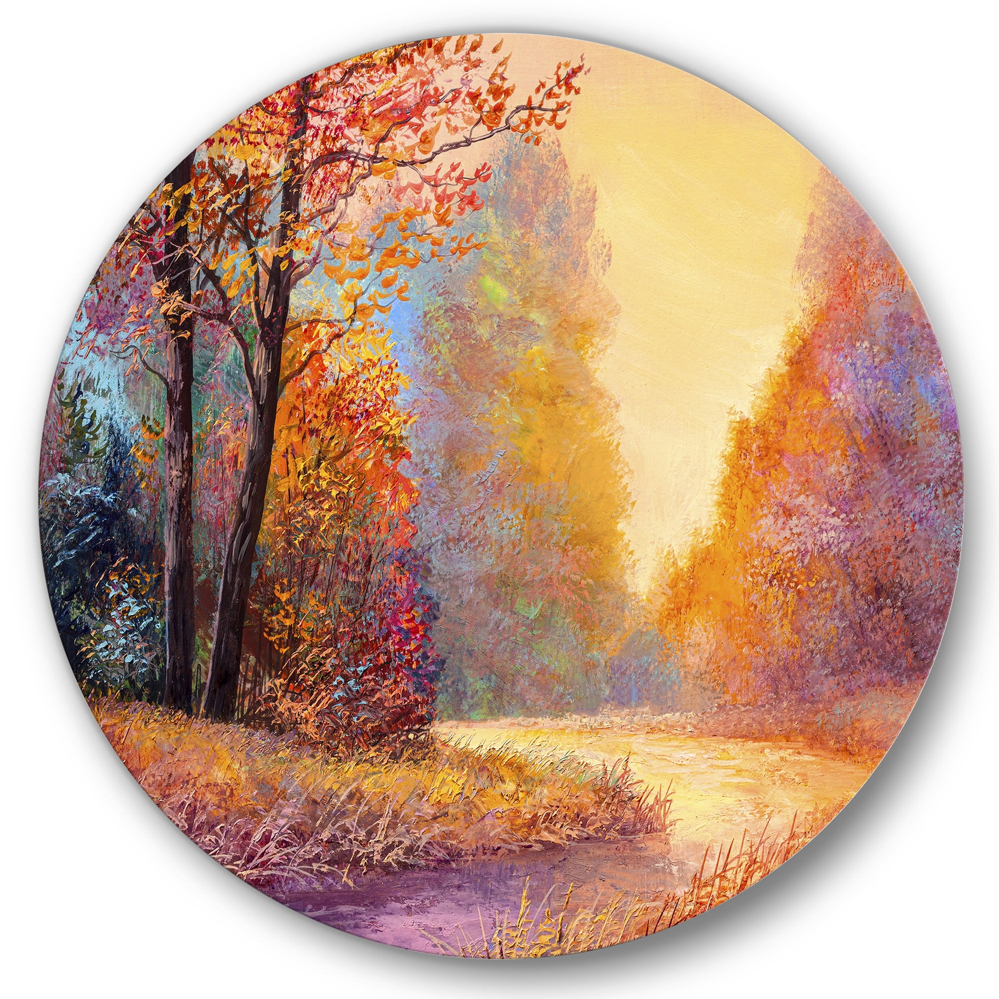 Designart 'The Autumn Forest Orange Leaves Landscape With Path' Lake House Circle Metal Wall Art 36x36 - Disc of 36