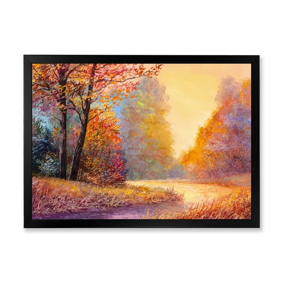 Designart 'The Autumn Forest Orange Leaves Landscape With Path' Lake House Framed Art Print