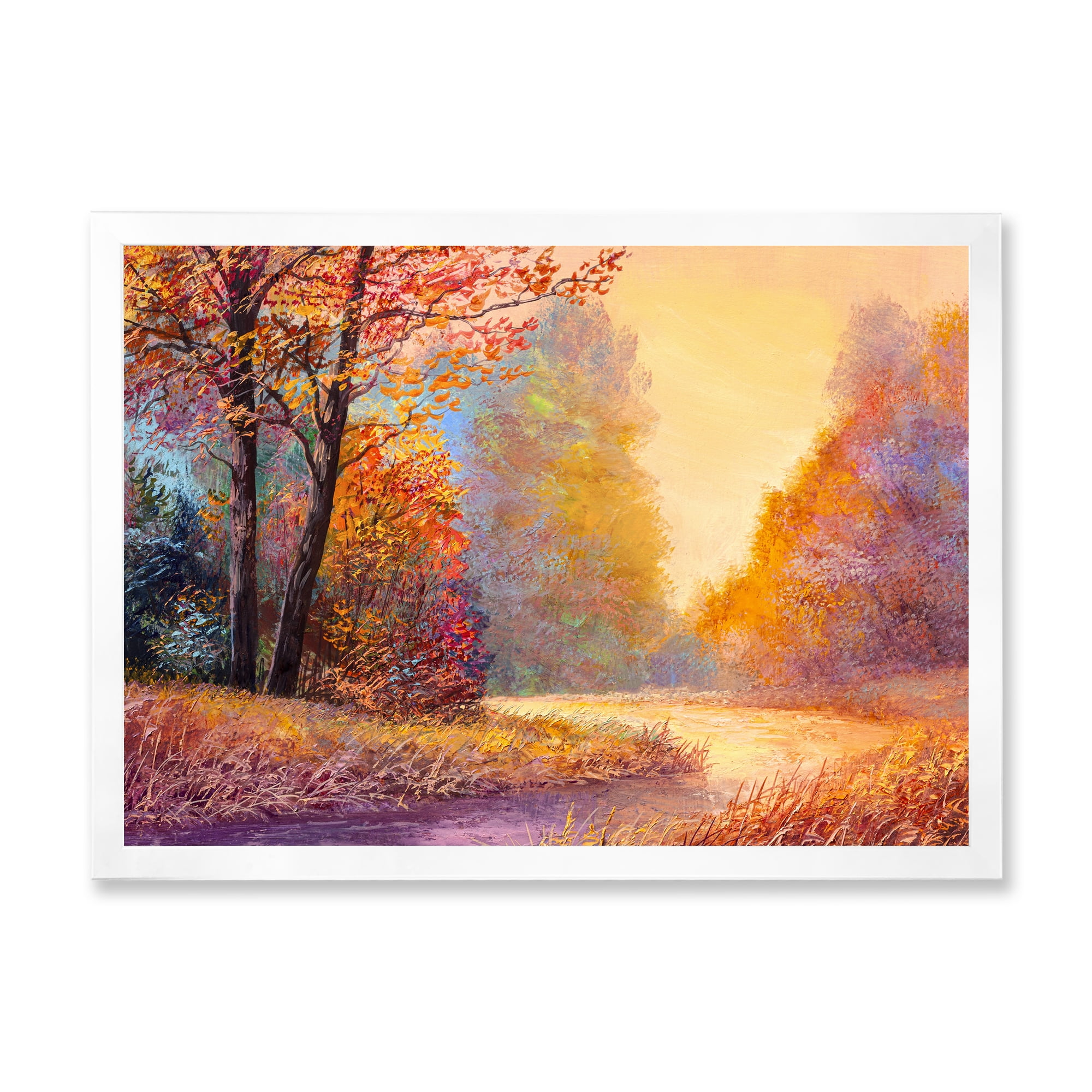 Designart 'The Autumn Forest Orange Leaves Landscape With Path' Lake House Framed Art Print