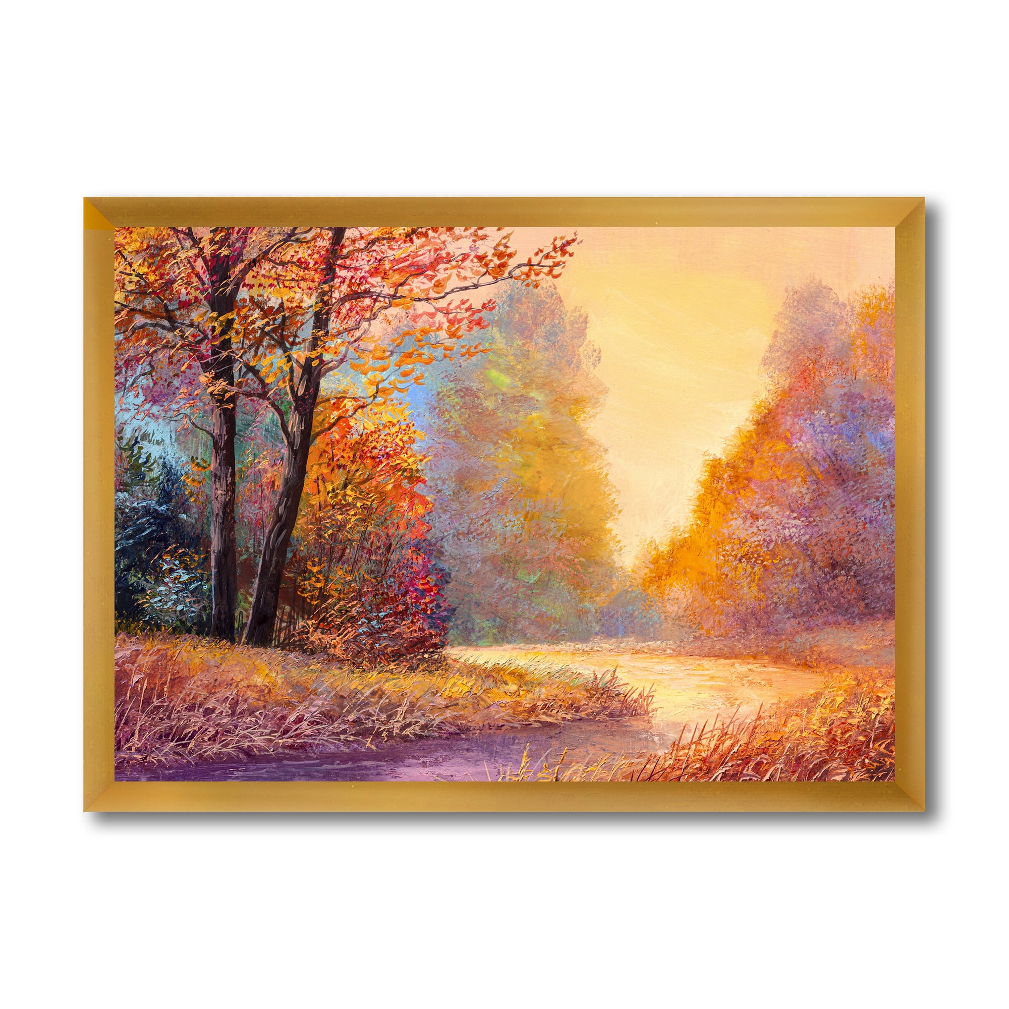 Designart 'The Autumn Forest Orange Leaves Landscape With Path' Lake House Framed Art Print