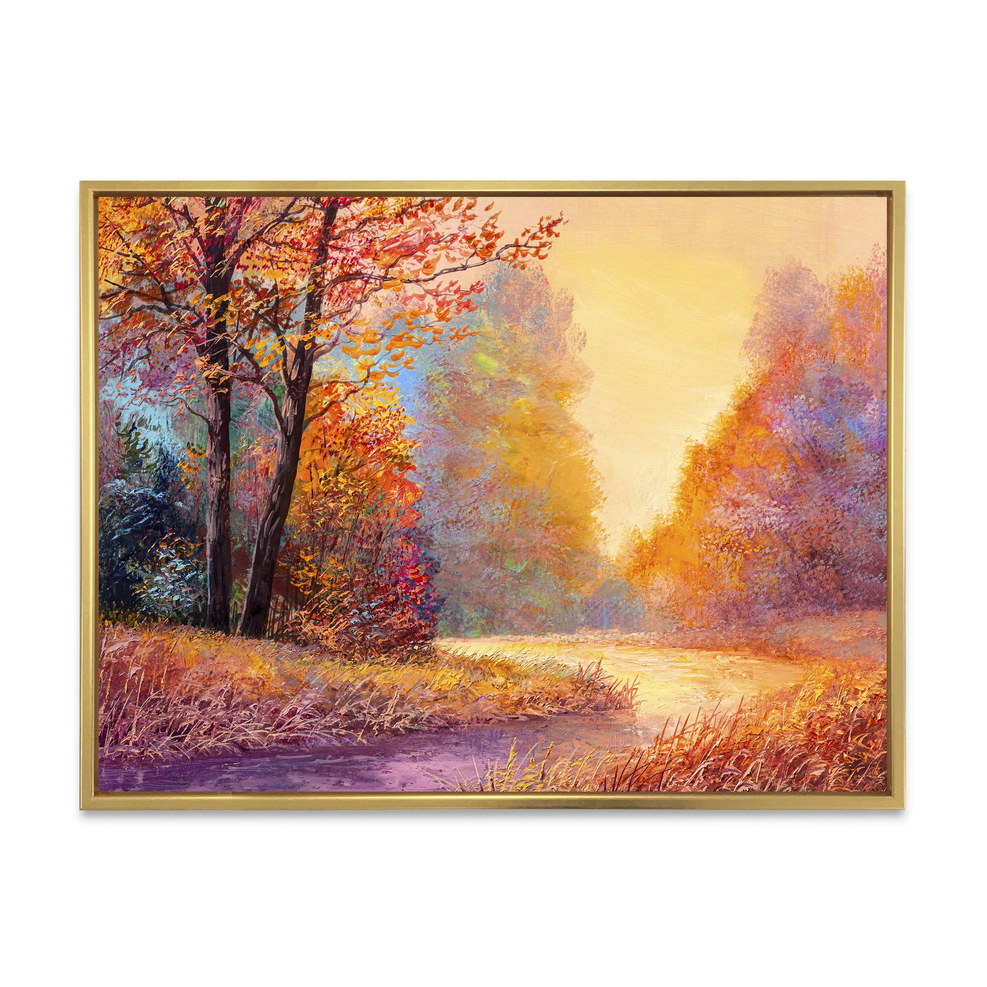 Designart 'The Autumn Forest Orange Leaves Landscape With Path' Lake House Framed Canvas Wall Art Print