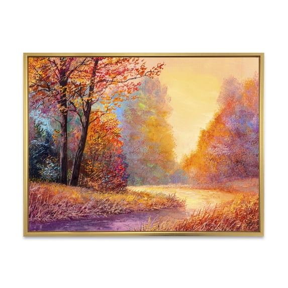 Designart 'The Autumn Forest Orange Leaves Landscape With Path' Lake House Framed Canvas Wall Art Print