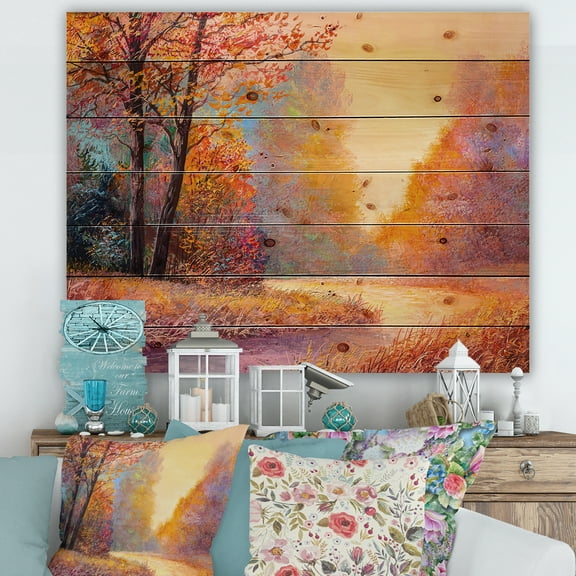 Designart 'The Autumn Forest Orange Leaves Landscape With Path' Lake House Print on Natural Pine Wood