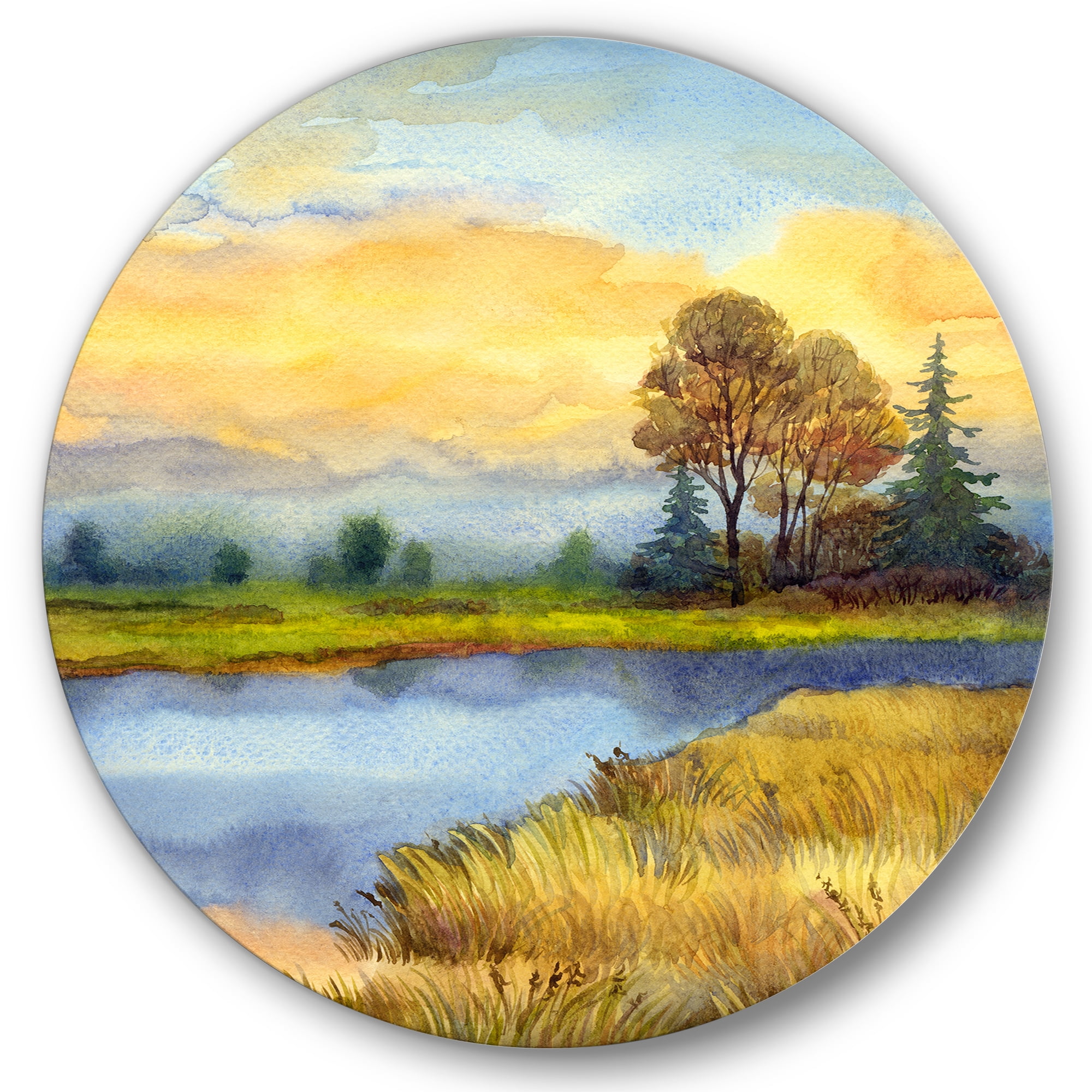 Designart 'The Awakening of Nature Over Meadows' Lake House Circle Metal Wall Art 23x23 - Disc of 23