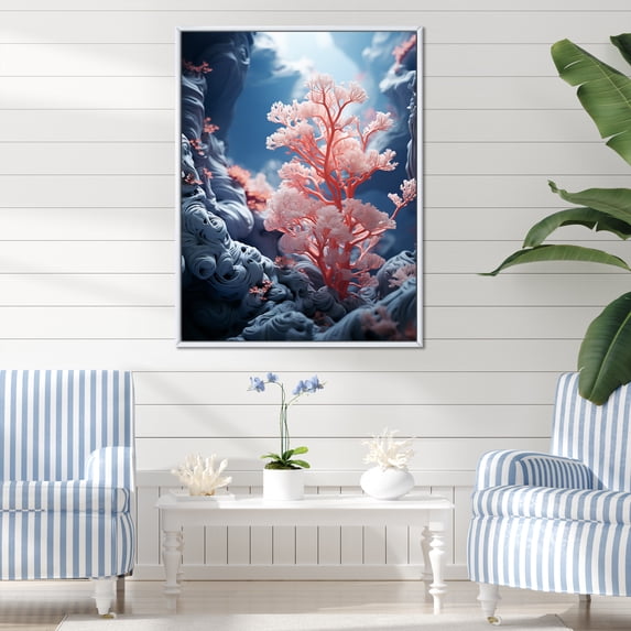 Designart "The Ballet Of Pink Coral And Anemones III" Coastal Coral Under Water Floater Framed Canvas Wall Art