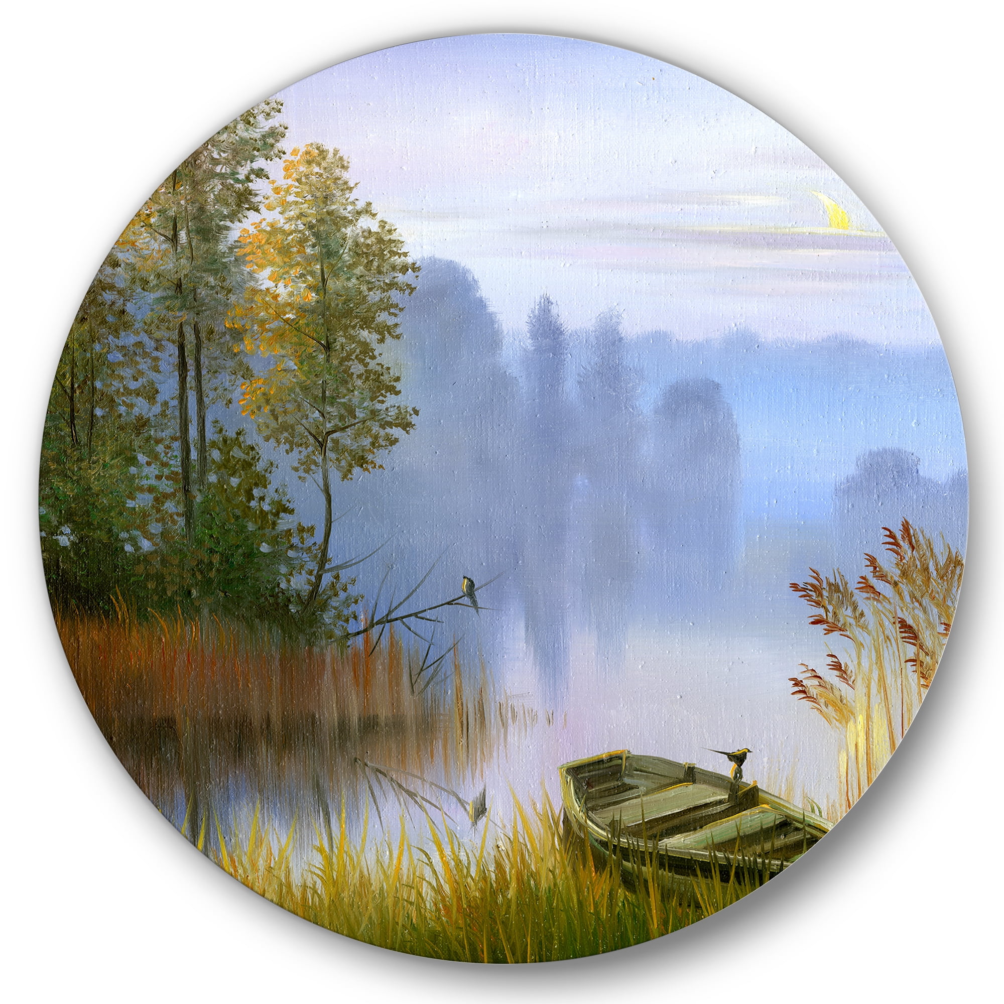 Designart 'The Bank Of The Lake With The Boat' Traditional Circle Metal Wall Art 23x23 - Disc of 23