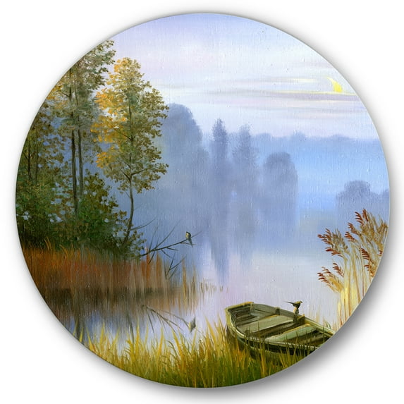 Designart 'The Bank Of The Lake With The Boat' Traditional Circle Metal Wall Art 36x36 - Disc of 36