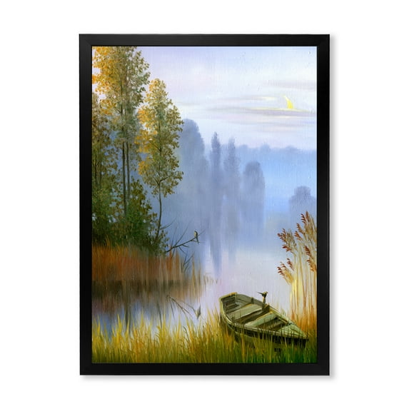 Designart 'The Bank Of The Lake With The Boat' Traditional Framed Art Print